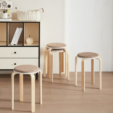 Set of 4 Stackable Round Backless Dining Stools - Coffee Color Chairs for Kitchen, Classroom, and Home Use - Space-Saving Multi-Purpose Seating