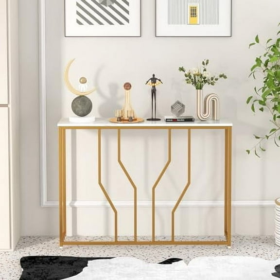 GOFLAME Gold Console Table, 44” Modern Narrow Entryway Table with Faux Marble Tabletop, Geometric Metal Frame, Long Couch Table, Behind Sofa Table, Foyer Table for Living Room, Hal