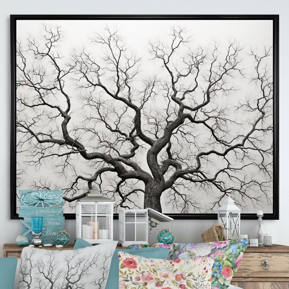 Designart "Oak Trees In Black And White I" Tree Oak Floater Framed Wall Art Living Room