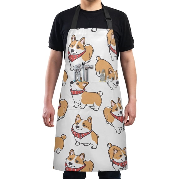 Corgi Dog with Scarves Kitchen Apron with 2 Pockets Adjustable waterproof Cooking Aprons for Women Men Chef