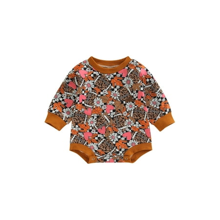 

Diconna Baby Girls Boys Cute Romper Flowers Printed Color Patchwork Long Sleeve Jumpsuits Pink Brown Leopard Print 0-6 Months