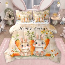 Feelyou Cute Cartoon Rabbit Twin Bedding Sets 7-Piece for Kid, Kawaii Orange Carrot Bedding Comforter Set, Happy Easter Theme Reversible Sheet Sets, Ultra Soft Bedroom Decor