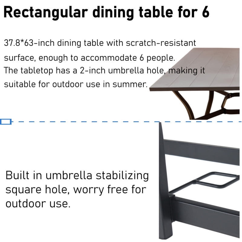 Howcool Outdoor Rectangular Dining Table w/ Imitation Wooden Tabletop, Iron Patio Table w/ Umbrella Hole