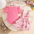 thumbnail image 3 of Pandaie 3-18M Newborn Baby Girl Summer Outfit Ruffle Short Sleeve Romper Flower Suspender Skirt Overall Dress Headband Clothes 3Pcs Hot Pink 12M(9-12 Months), 3 of 9