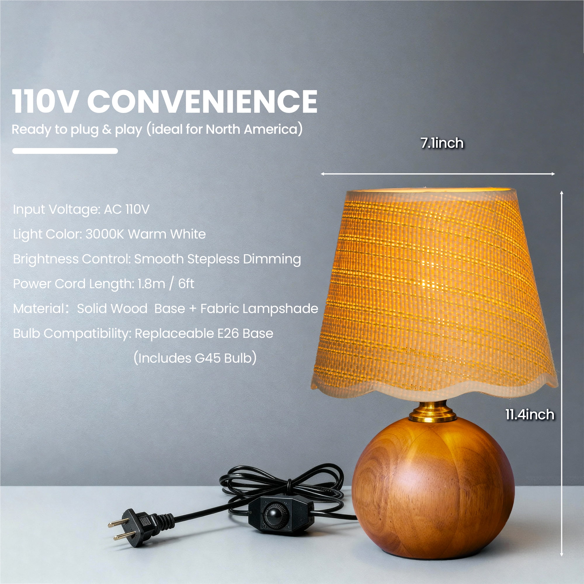 URLIGHTS Table Lamp with Wooden Base Fabric Lampshade,Desk Bedside Small Lamps with 6ft Power Cord, 110V Plug, Dimmable E26 Socket (Bulb Included) for Living Room Night Stands Bedroom