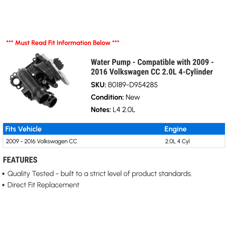 Water Pump - Compatible with 2009 - 2016 Volkswagen CC 2.0L 4