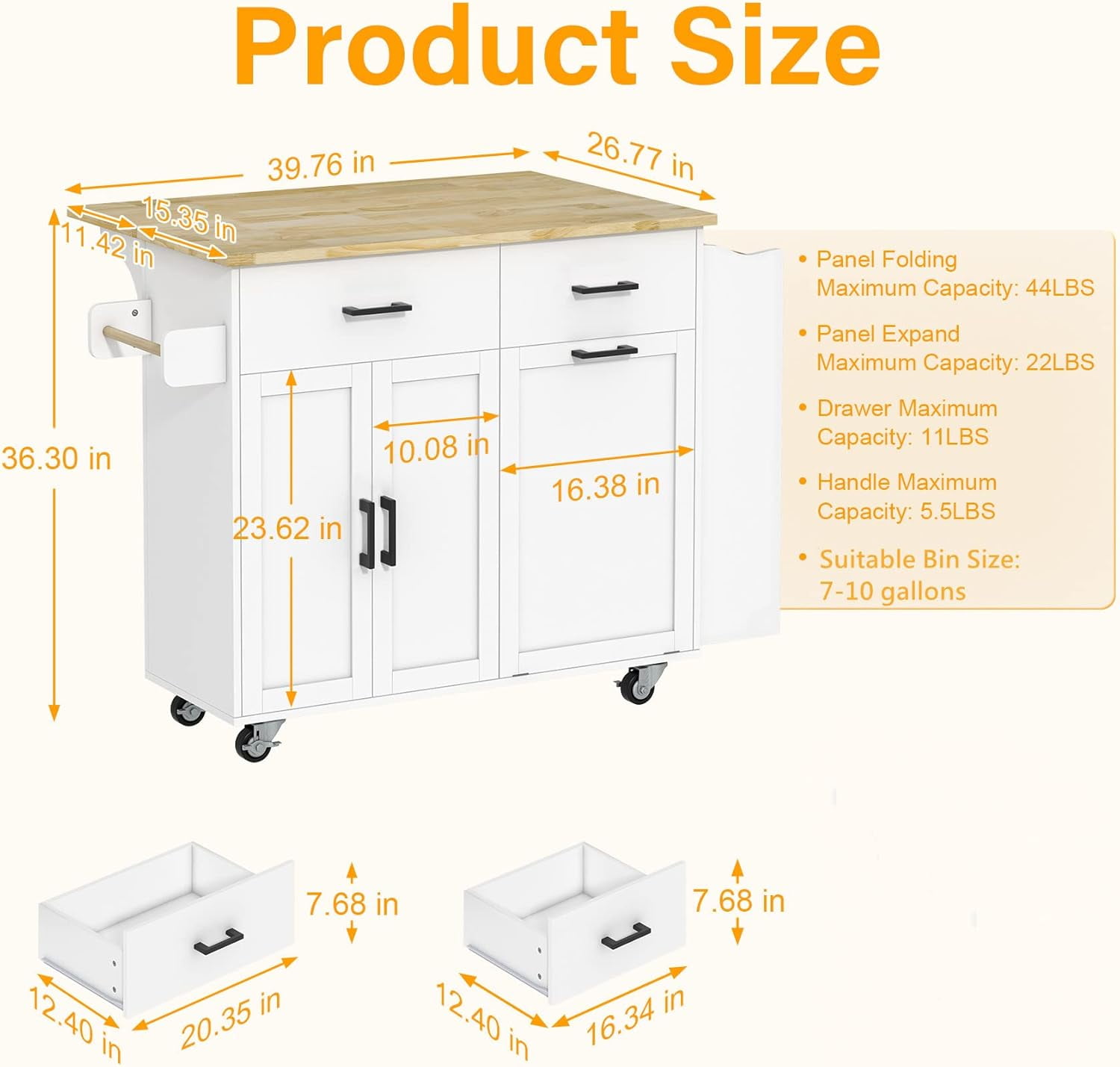 HAUXITIO Kitchen Island Cart with Drop Leaf,2 Drawers & Trash Can, Rolling Storage Cart with Spice Rack,White