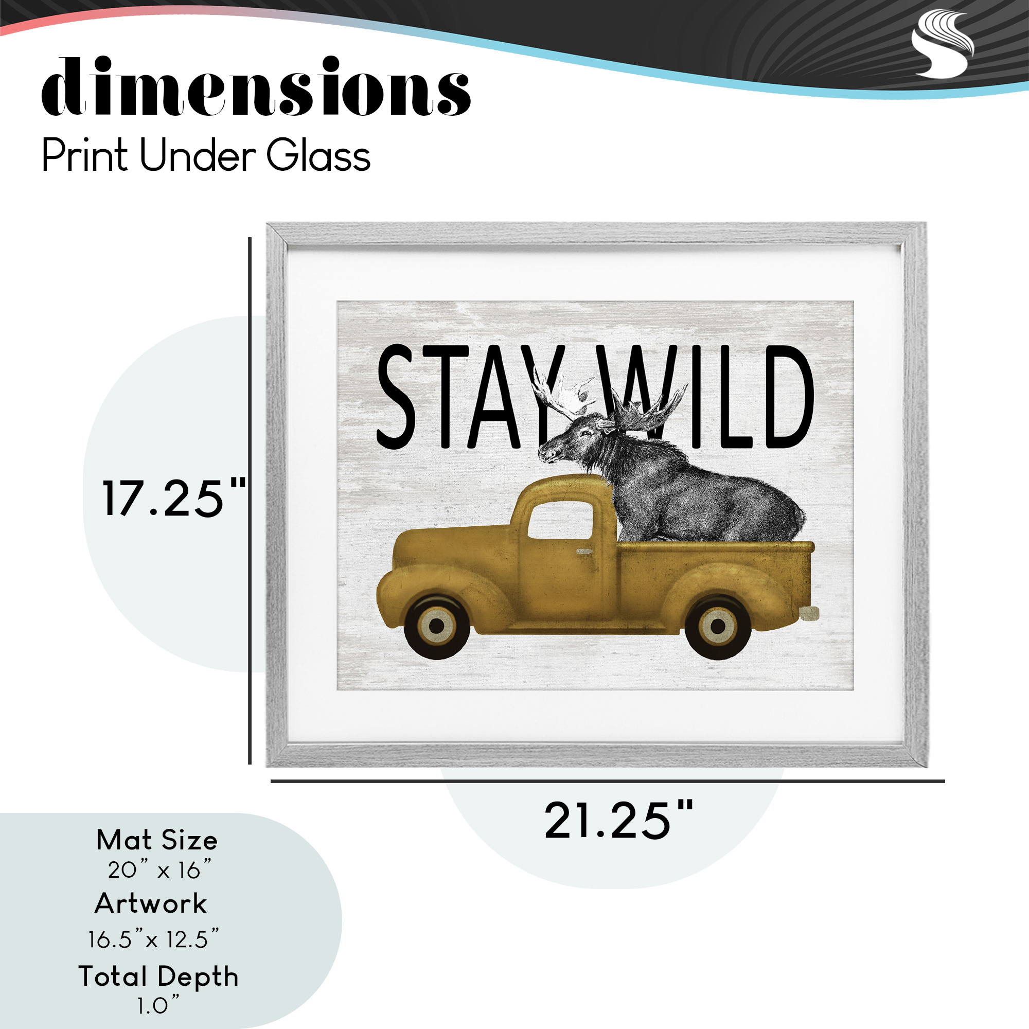 Stay Wild Moose Truck Gray Framed Print Under Glass, design by Lettered and Lined