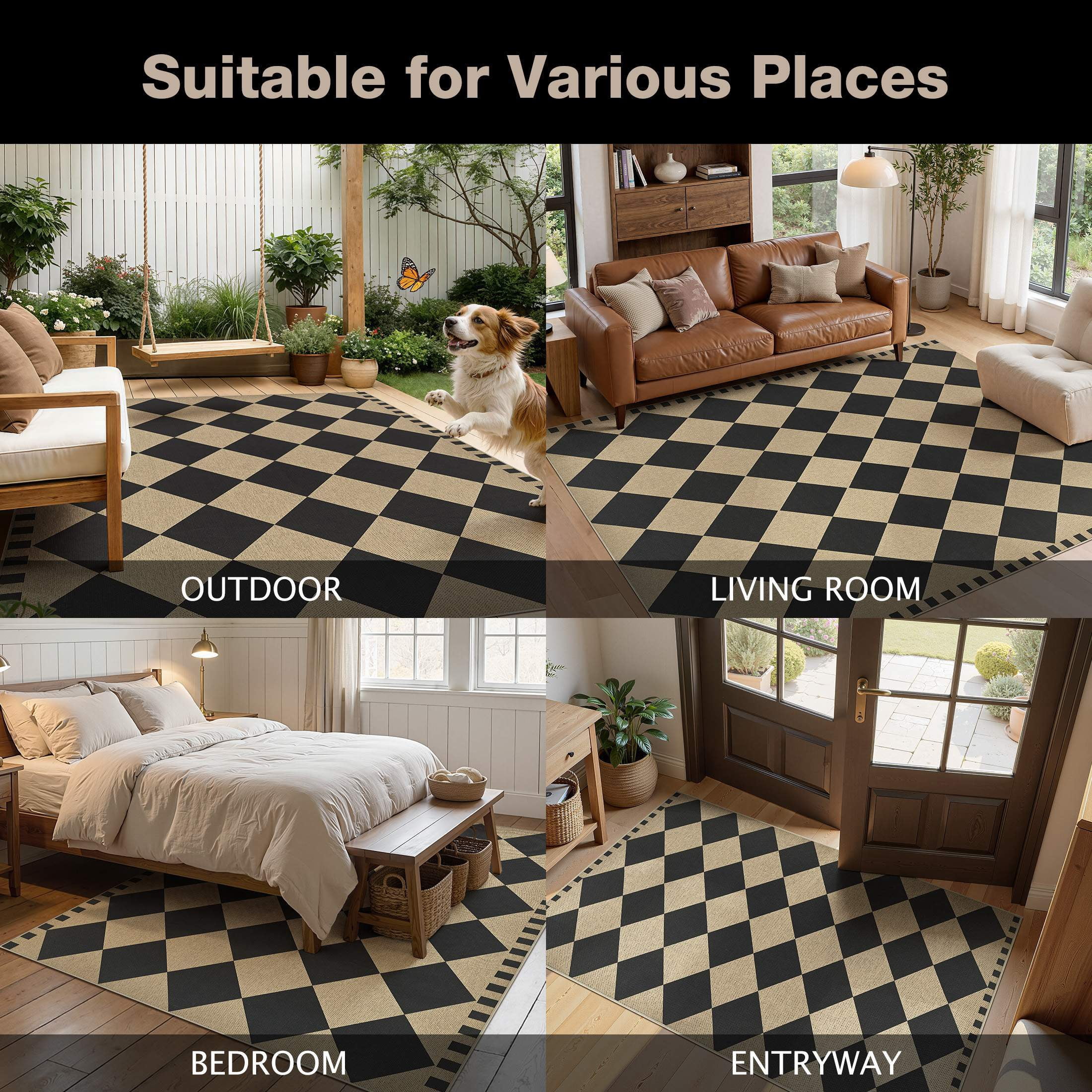 UERMEI Checkered Easy Jute 5x7 Area Rugs, Washable Rug for Living Room Diamond Indoor Outdoor Carpet, Farmhouse Geometric Non Slip Black Carpet for Backyard Dining Room