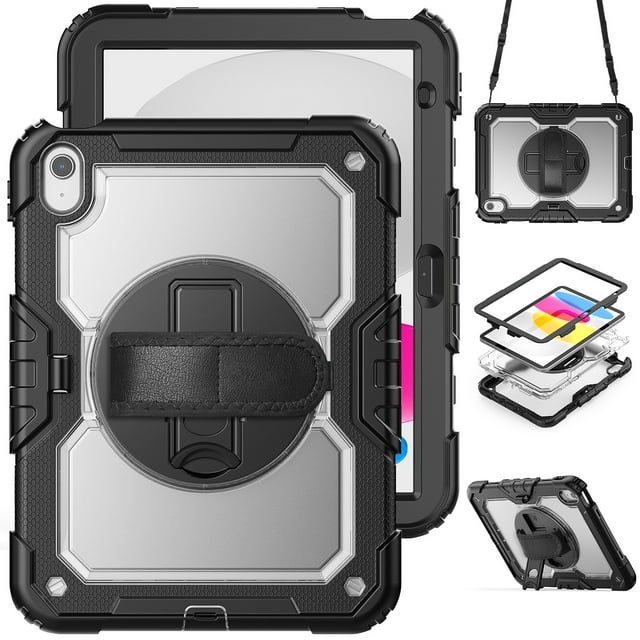 XYX For iPad (A16)11th /10th Generation 11/10.9 inch 2025/2022 Case, 360 Rotating Shockproof Cover with Stand, Screen Protector, Shoulder Strap, Transparent