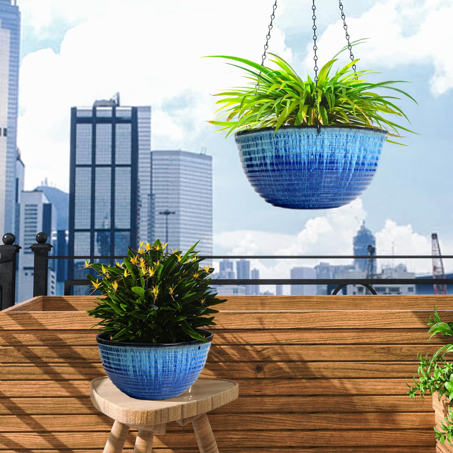 2 Pack Hanging Planters for Indoor Outdoor Plants, 10 Inch Hanging Planter with Drainage Hole & Plug Glazed Hanging Baskets Flower Pots for Garden Home (Blue Glaze)