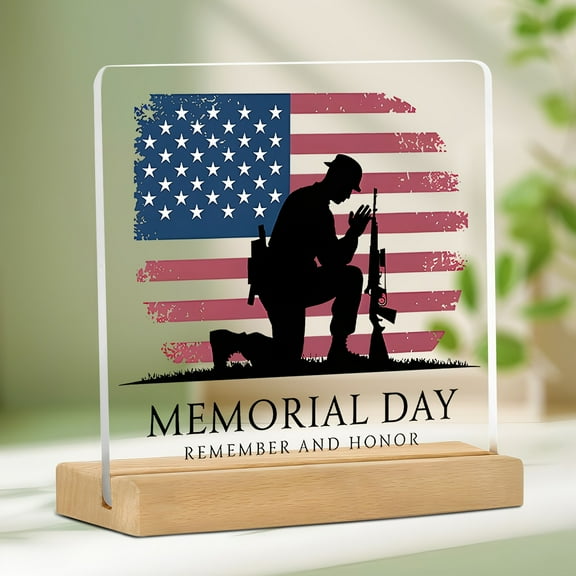 Vintage Memorial Day Desk Decor Acrylic Plaque With Soldier And American Flag "Remember Honor" Message 4X4 Inches Perfect For Home Office Or For Man Cave Independence Day And Veterans Day