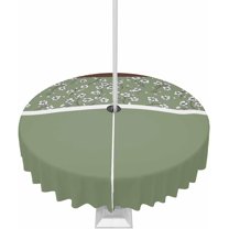 Farmhouse Floral Outdoor Tablecloth with Umbrella Hole and Zipper, Spillproof Table Cloth for Round Tables, Dinner/Picnic/Patio/Party Table Cover Classic Green Brown