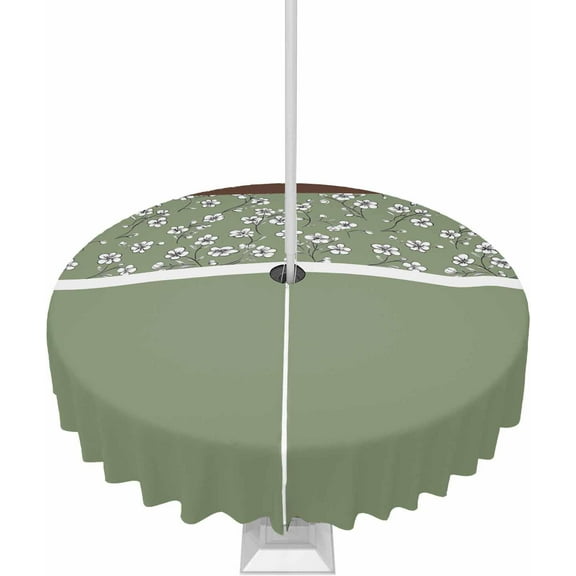 Farmhouse Floral Outdoor Tablecloth with Umbrella Hole and Zipper, Spillproof Table Cloth for Round Tables, Dinner/Picnic/Patio/Party Table Cover Classic Green Brown