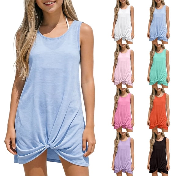 LRen Cover Up for Dress Girls,Girls Sleeveless Swimsuit Cover Up, Solid Color Twist Front Tank Dress, Kids Beach Swimwear for Summer Vacation