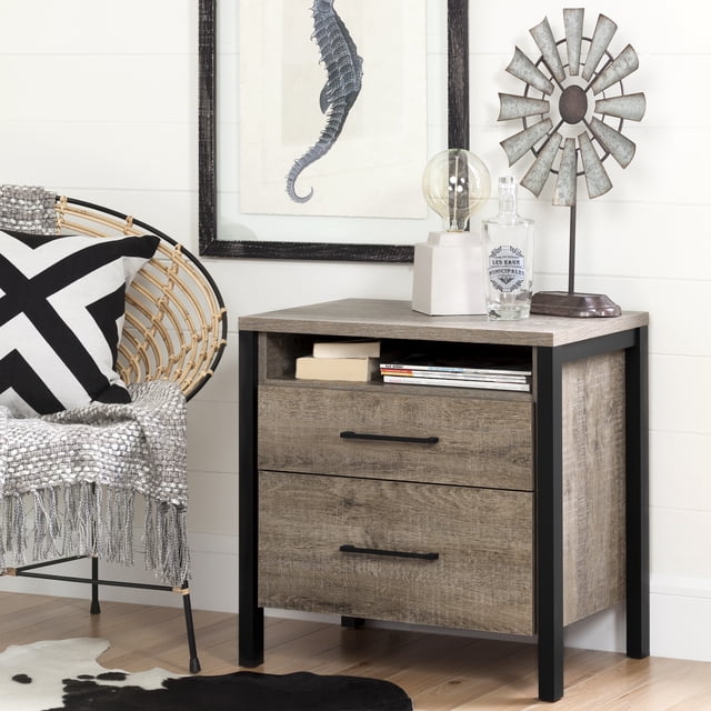 South Shore Munich 2-Drawer Nightstand - End Table with Storage for Adult, in Weathered Oak and Matte Black