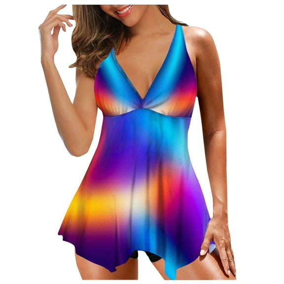 DOPI Women Plus Size Print Strappy Back Tankini Set Two Piece Swimsuits Swimdress
