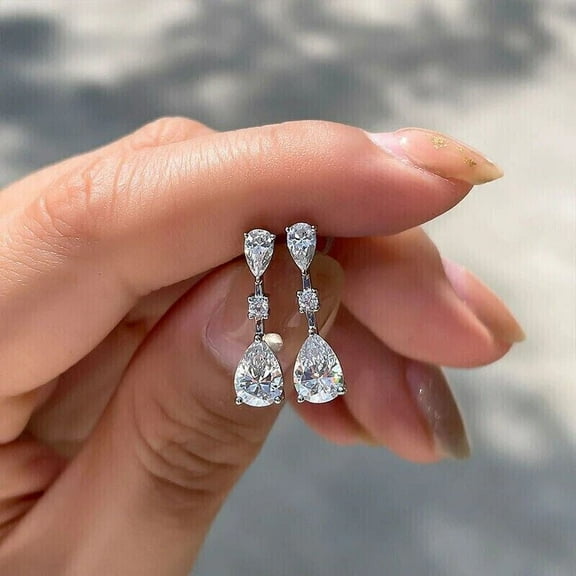 Pretty 3Ct Pear Cut Lab Created White Diamond Drop & Dangle Earrings For Women's 14K White Gold Plated 925 Silver