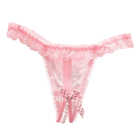 Fulorrnie Women s Lace Sheer Panties Low Rise Underwear Pearl Chain Decorative Bow Sexy Delicate Intimate Apparel  Pink  One Size