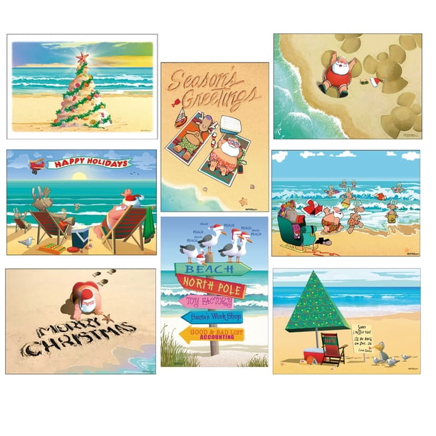 Paquete variado de tarjetas navideñas de playa de Stonehouse Collection, 24 unidades, 13 x 18 cm