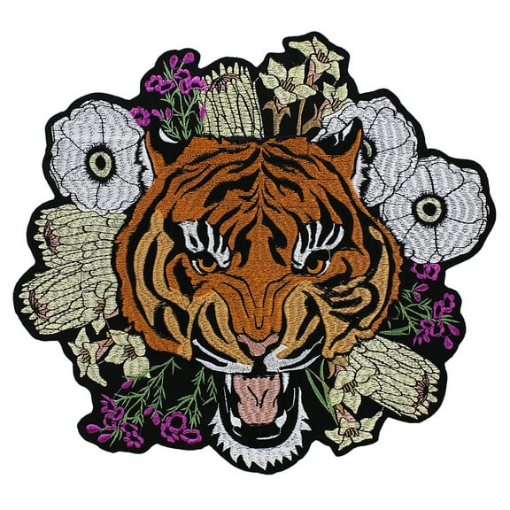 Embroidery Large Roaring Tiger Patches Flowers Backpack patches Motif Applique Iron on Badge for Jacket Biker Vest