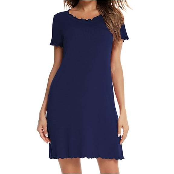 Bigersell Maxi Dress for Women Summer Female Crew Neck Short Sleeve Above Knee Sleep Dress Style D-171 Casual Dresses Regular Summer Dresses , Navy S