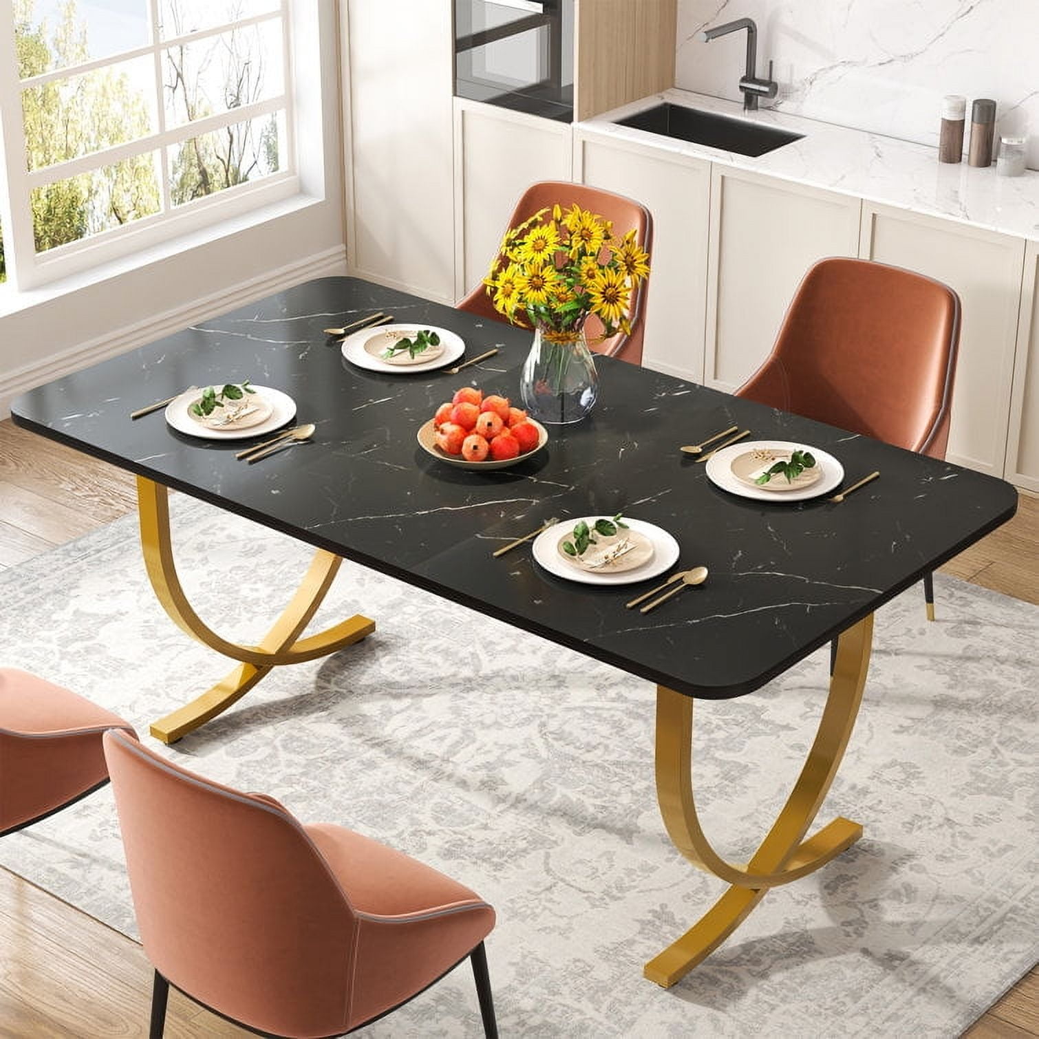 Tribesigns Rectangular Dining Table for 4 to 6, 63-Inch White and Gold Modern Kitchen Table with Faux Marble Table Top and Metal Legs for Dining Room, Kitchen or Living Room