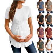 Loopsun Womens Tops, Shirts for Maternity, Women's Solid Waist Ruffled Loose Casual Round Neck Short Sleeve T Shirt Maternity Tops Black, L