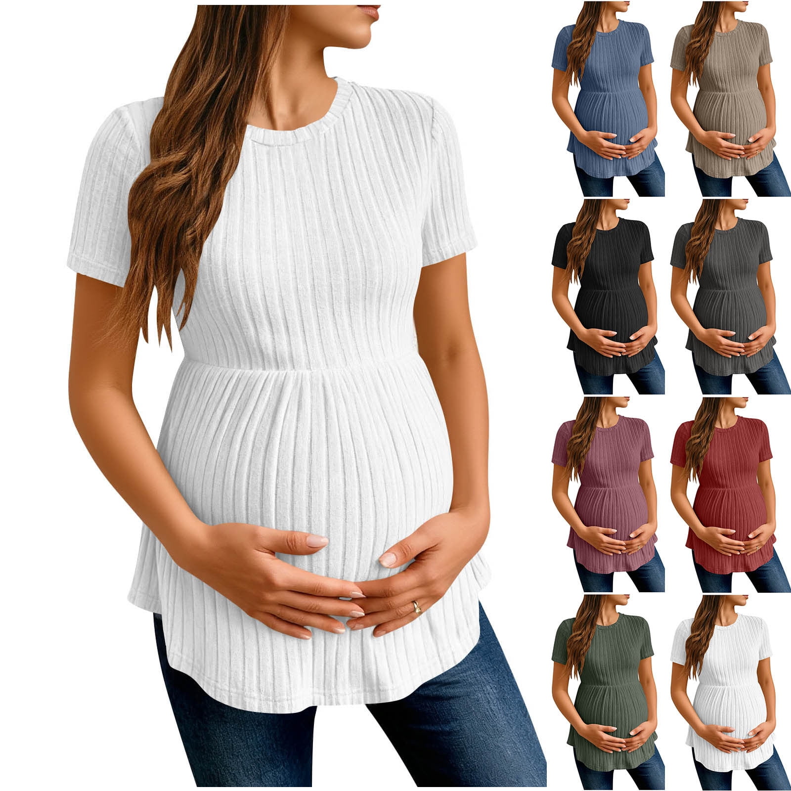 Loopsun Womens Tops, Shirts for Maternity, Women's Solid Waist Ruffled Loose Casual Round Neck Short Sleeve T Shirt Maternity Tops Black, L