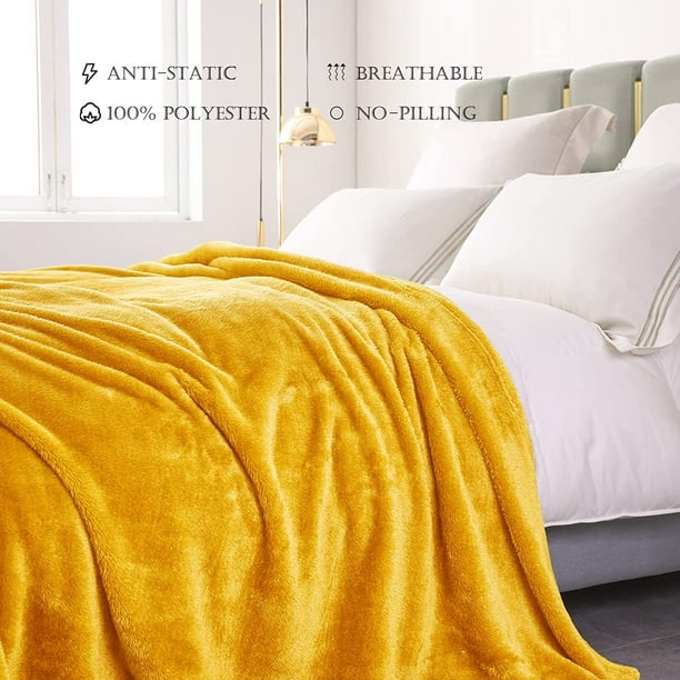 Exclusivo Mezcla Plush Fuzzy Fleece Queen Size Bed Blanket Super Soft Fluffy and Thick Blankets for Travel Bed and Couch Mustard Yellow 90x90