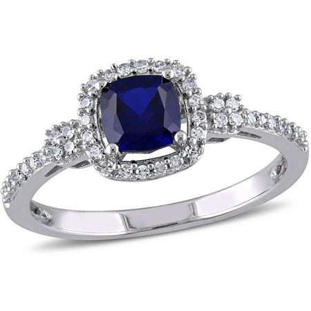 Tangelo 3/4 Carat T.G.W. Created Blue Sapphire and 1/6 Carat T.W Diamond 10kt White Gold Halo Engagement Ring