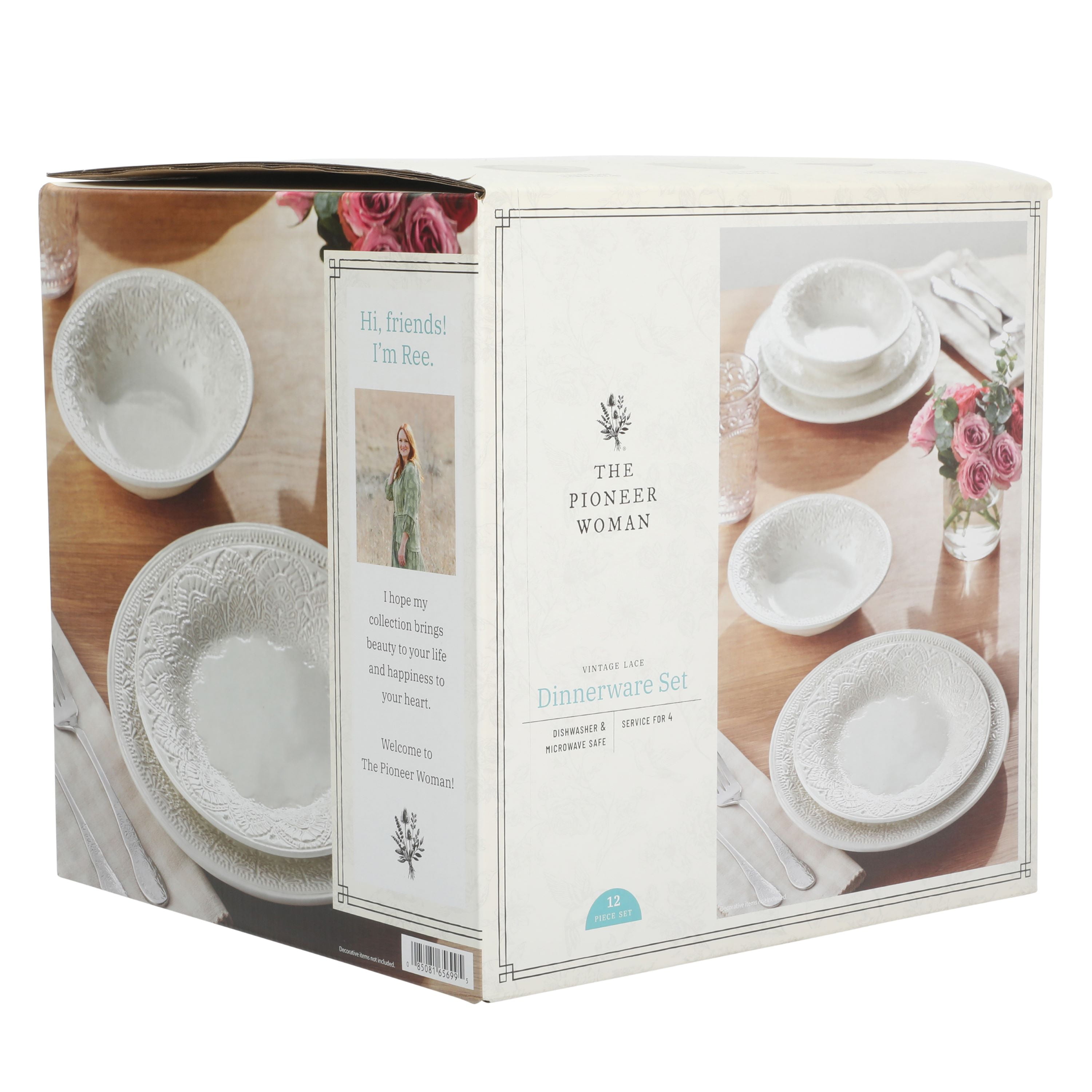 The Pioneer Woman Vintage Lace 12-Piece Ceramic Dinnerware Set, Linen, Set for 4