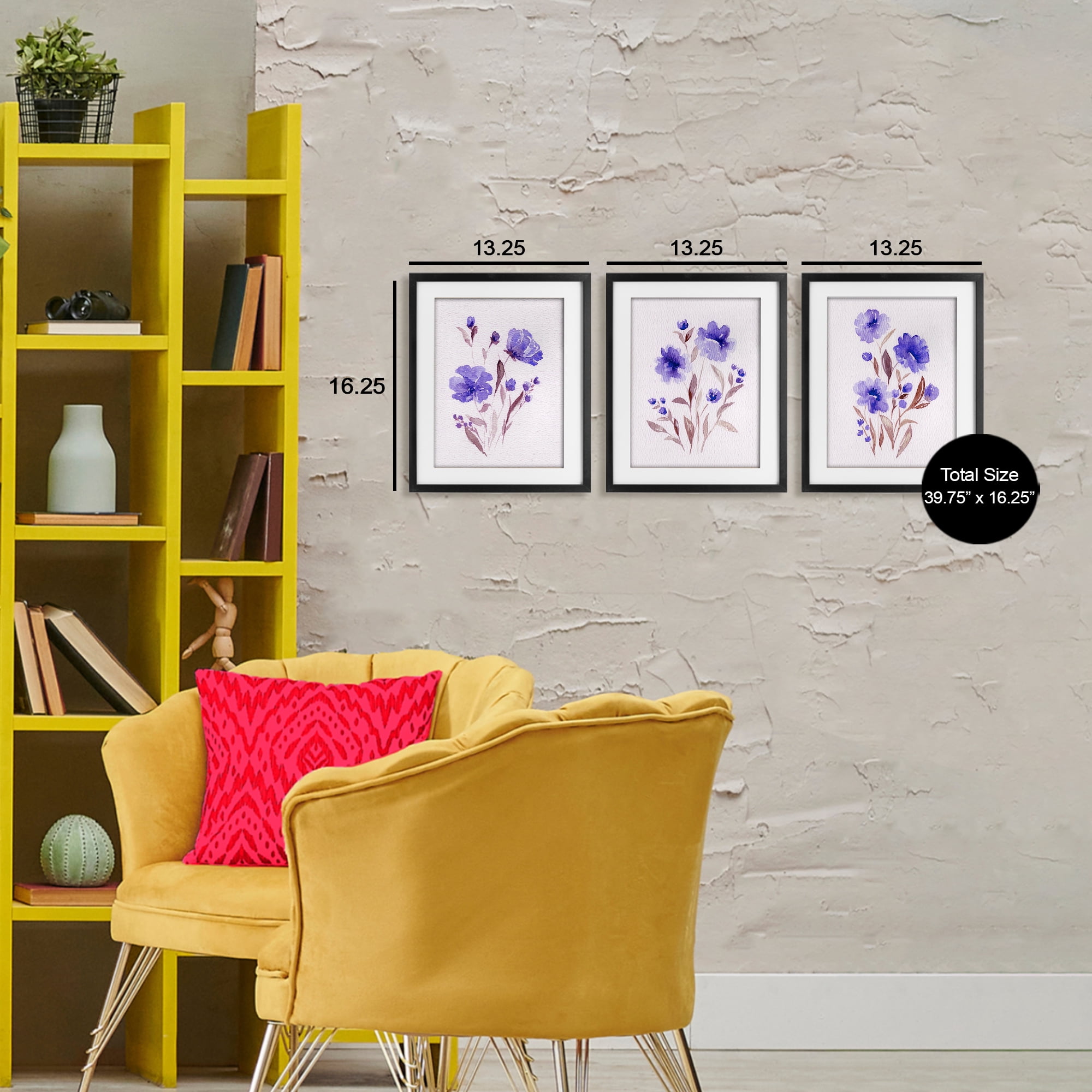 Stupell Industries Watercolor Purple Blooms 3 Piece Black Framed Print Under Glass Set, design by Leah Noel Art