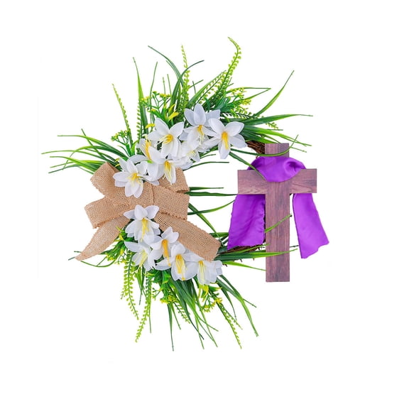 Easter Door Sign Easter Wreath for Front Door Religious Cross Wreath Wall Decorations Christian Flowers Lent Hanging Decor for Farmhouse Front Porch