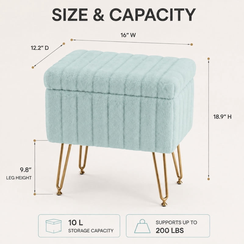 BEAUTYPEAK Vanity Stool with Storage Faux Fur Padded Makeup Ottoman with Gold Metal Legs and Adjustable Feet 18.9" Footstool, Mint