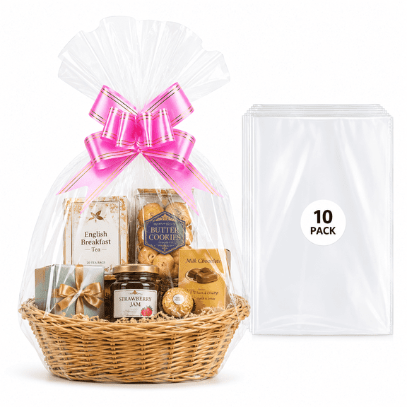 10 Pack Large Cellophane Bags, 20"x28" (50x70cm) Clear Plastic Gift Bags, Transparent Wrap for Gift Baskets, Party Favors, Birthday Christmas Wedding Baby Shower