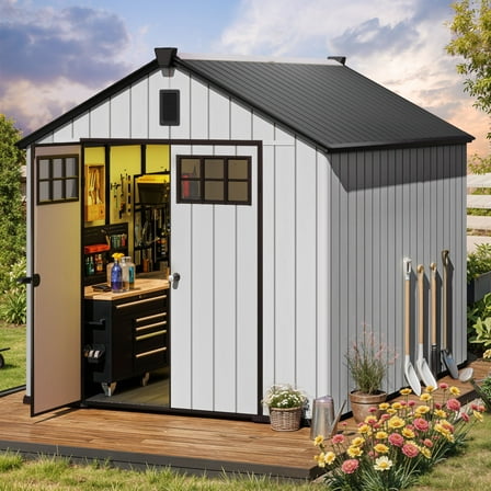 Uforic 8x10 FT Outdoor Storage Shed with Floor, Plastic Garden Shed for Bikes, Tools, and Pool Supplies, Outdoor Resin Shed with Lockable Doors, Windows, and Vents for Patio, Lawn, Backyard, Gray
