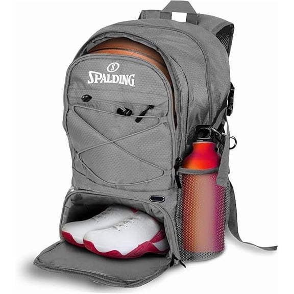 Spalding Basketball Backpack 30L Sports Bag with Ball & Shoe Compartment, Waterproof Polyester Gym Daypack, Grey