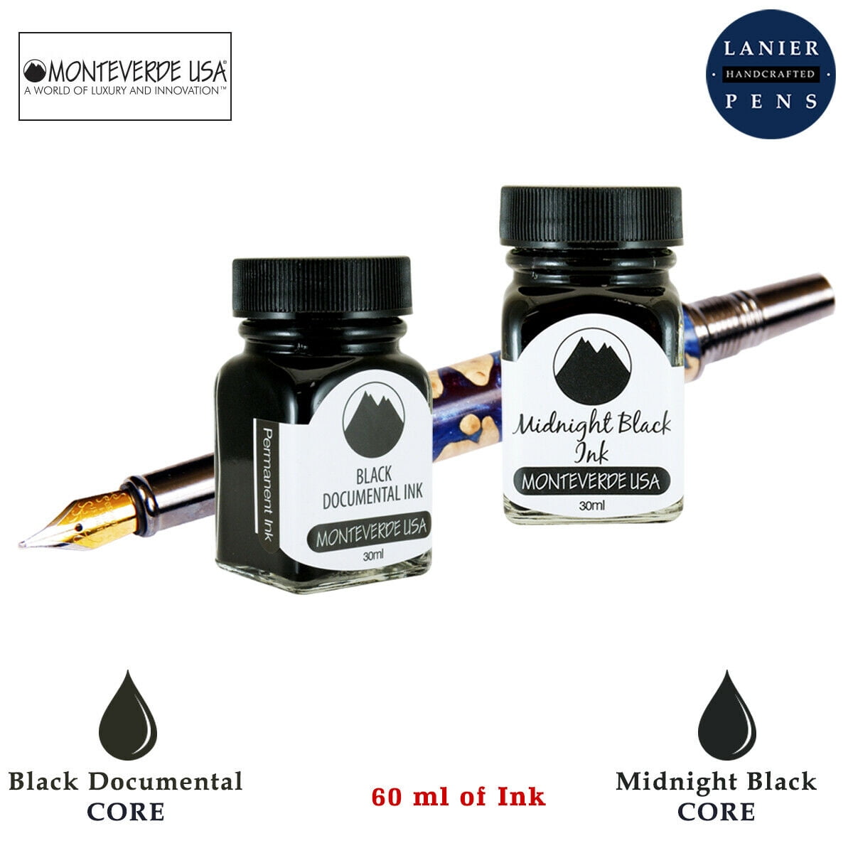 Monteverde 60ml Core Fountain Pen Ink Bottle (30ml Black Documental Ink Bottle G309DB, 30ml Midnight Black Ink Bottle G309MB)