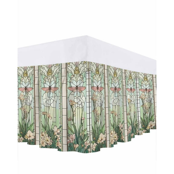 Green Vintage Stained Glass Bed Skirt Flowers Butterfly Bed Skirts Queen Size 18 Inch Drop, Wrap Around Dust Ruffle Bedskirt with Adjustable Elastic Belt for Queen Size Beds
