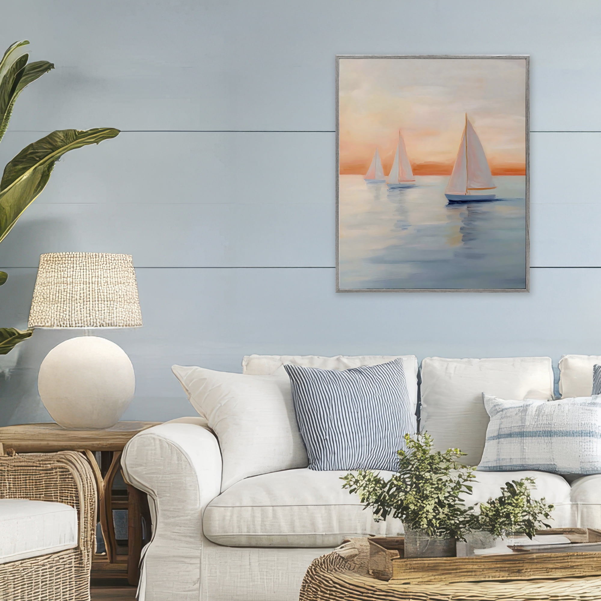 Stupell Industries Sunset Sailboats Over Calm Sea Gray Framed Giclee Art, design by Creative Studio