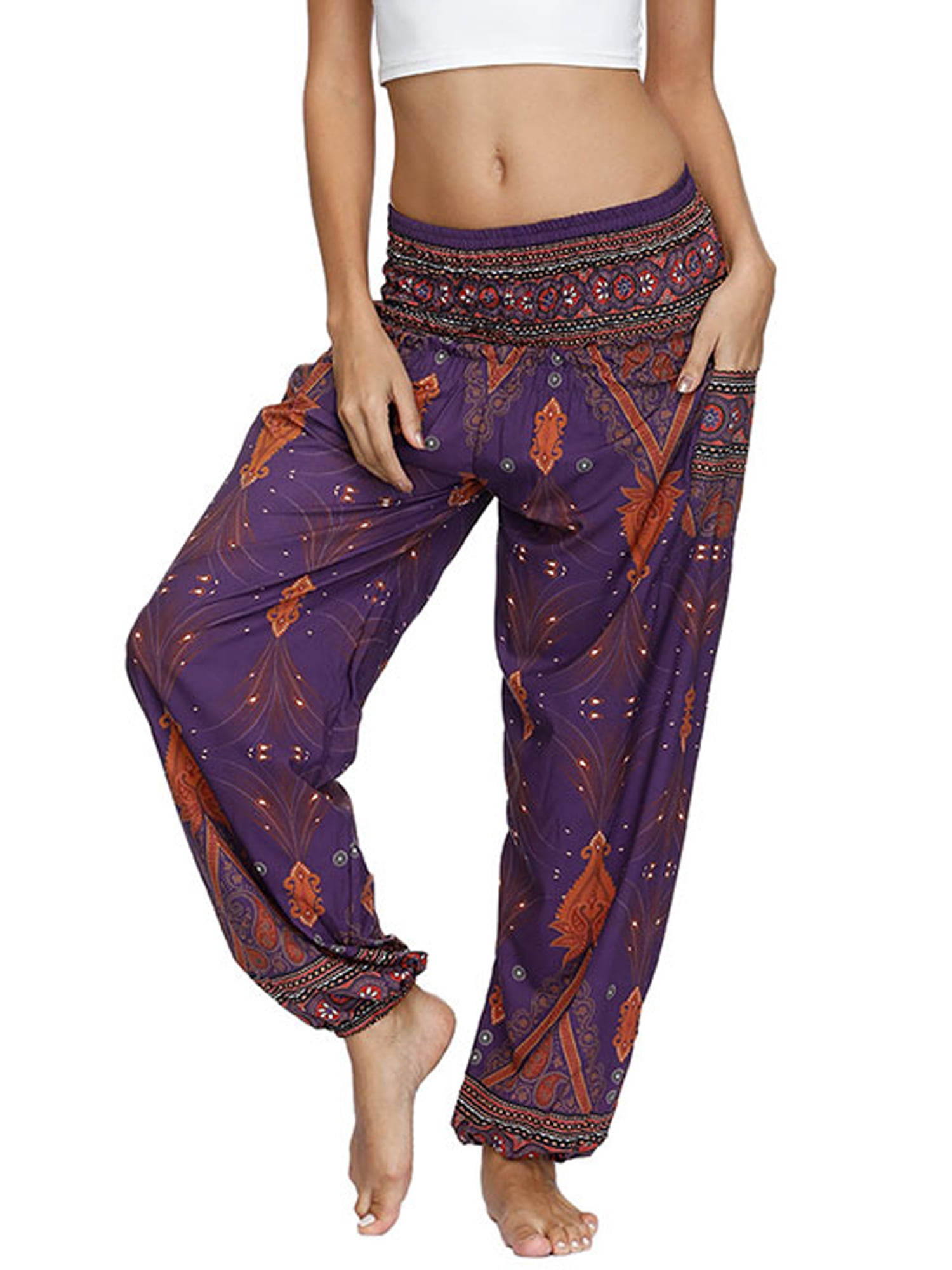 Lallc Women's Harem Yoga Pants Casual Baggy Boho Floral Hippie Aladdin Trousers