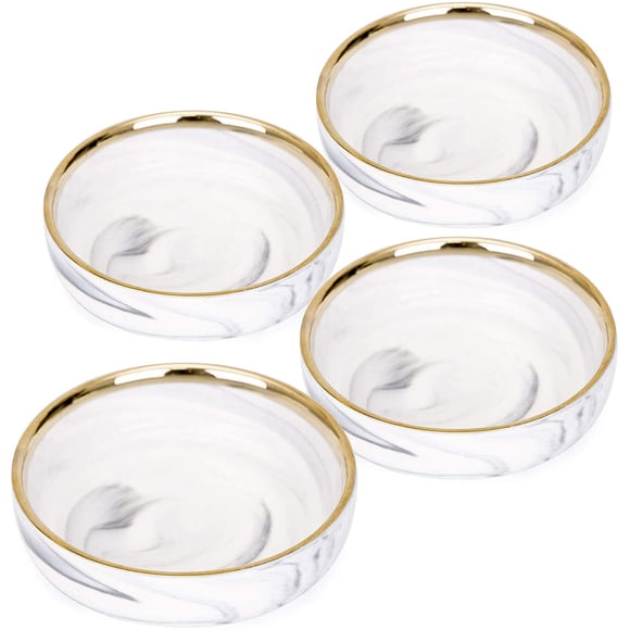 VanEnjoy Bol d'Accompagnement en Porcelaine Marbrée de 3,5 Pouces Plats à Assaisonnement Plats de Sauce à Tremper - Ensemble de 4, Blanc avec Bord Doré