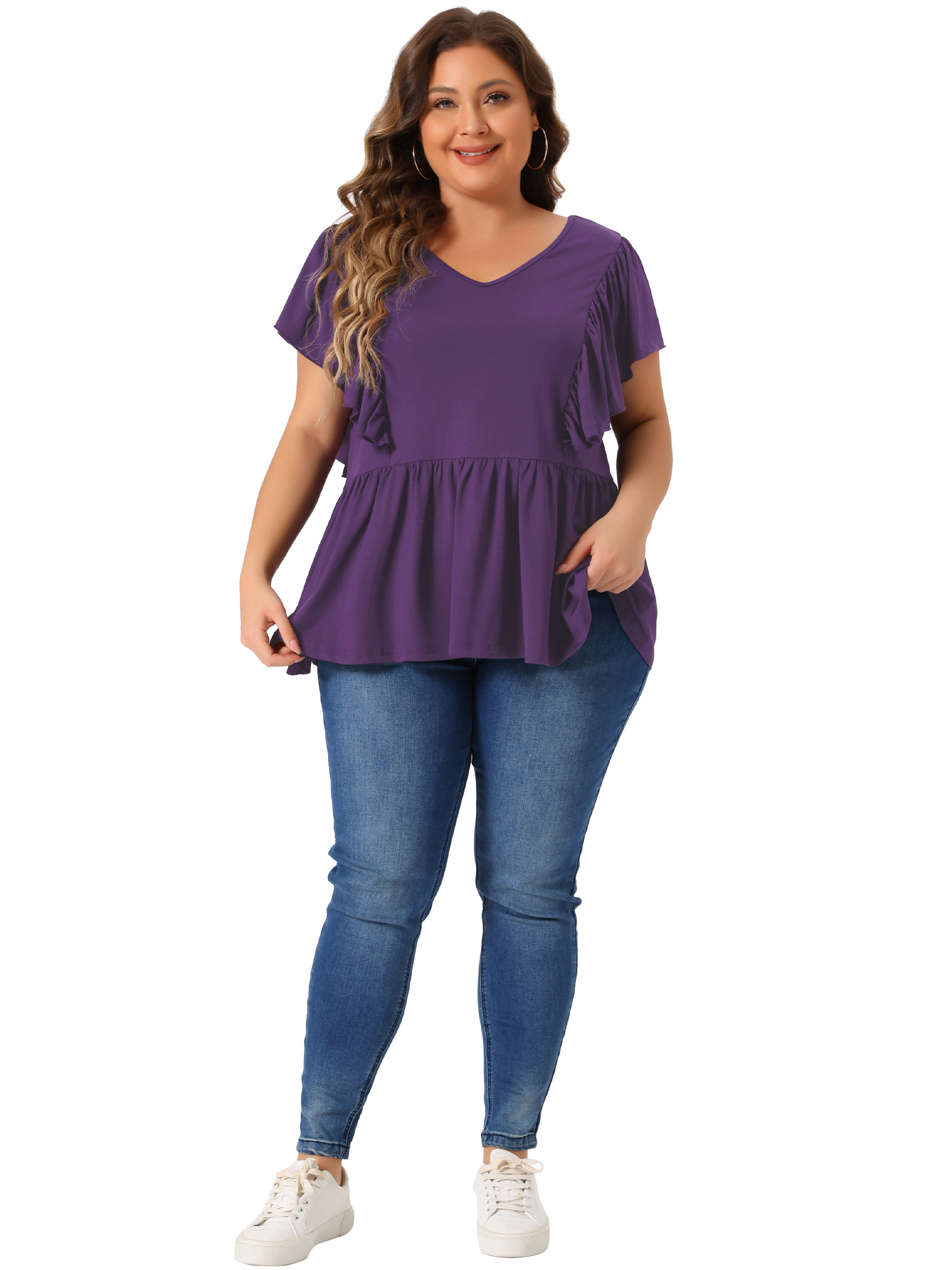 DARING DIVA Women's Plus V Neck Ruffle Sleeve Pleated Peplum Blouse 4X Dark Purple