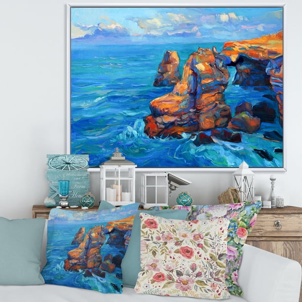 The Blue Ocean By Rocky Cliffs 20 in x 12 in Framed Painting