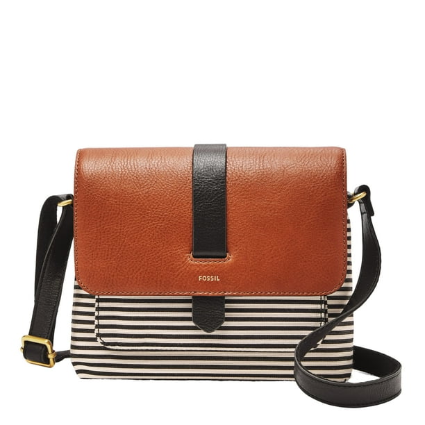 Bolso bandolera pequeño Kinley de cuero y tela Fossil color negro