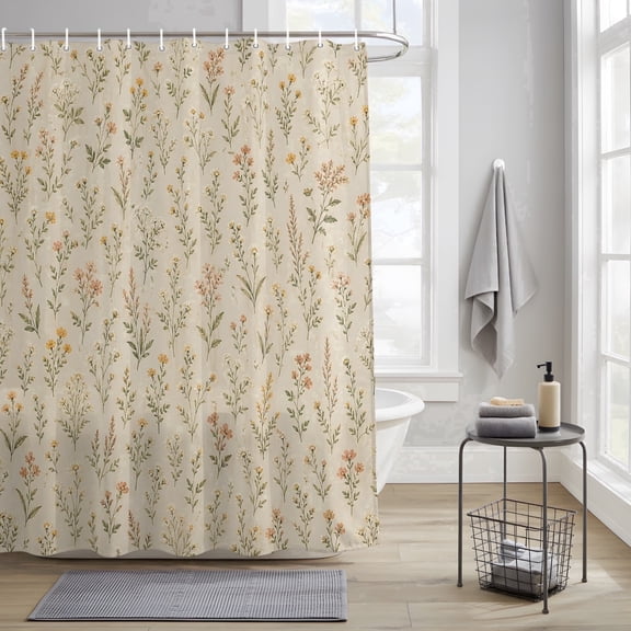 Bedliving Shower Curtain for Bathroom with 12 Hooks, Beige Wildflower Waterproof Fabric, 72" x 72"