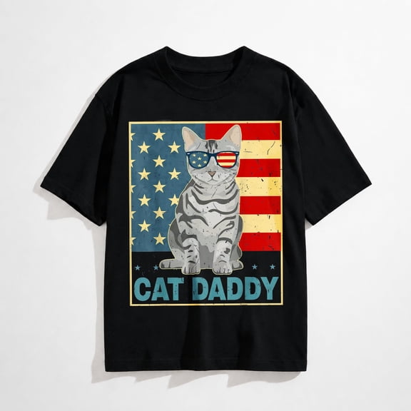 Daddy Tabby Cat Dad Gift Men American Flag Cat Patriotic T-Shirt