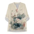 thumbnail image 3 of FKELYI Lotus Flower Leaf Dragonfly Print Womens Faux Linen Shirt for Summer Top Shirts Roll Up Sleeve Design Casual Blouse for Ladies Beach Vacation Outfits, S, 3 of 5