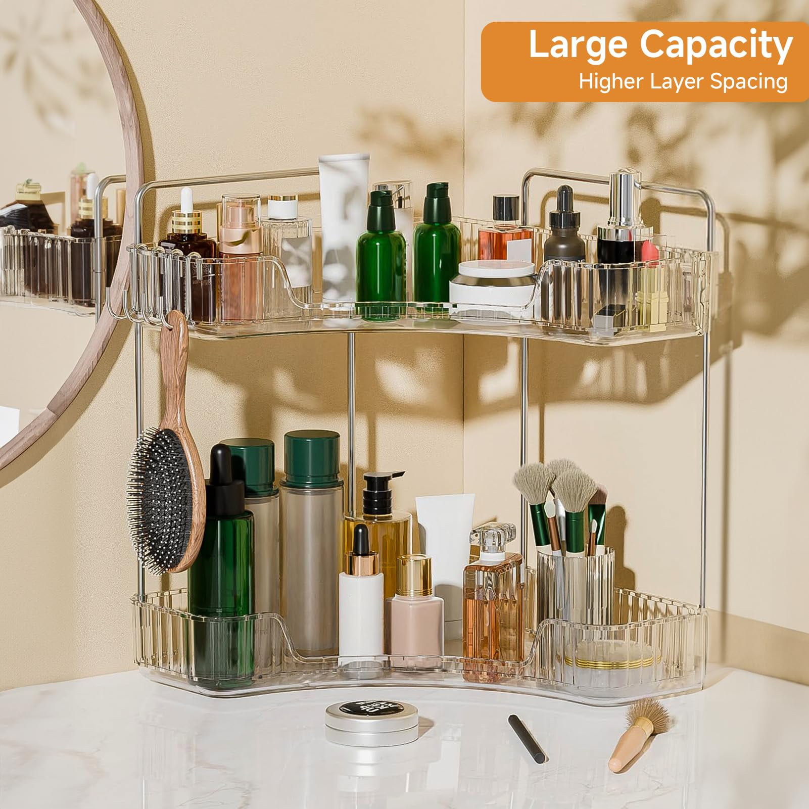 Subekyu 2 Tier Bathroom Counter Organizer Countertop,Plastic Bathroom Counter Organizer, Vanity Tray Sink Shelf with Hooks, for Makeup Storage (Clear)